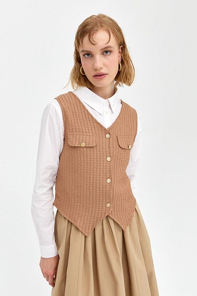 Nihan Beige Gold Buttoned Vest