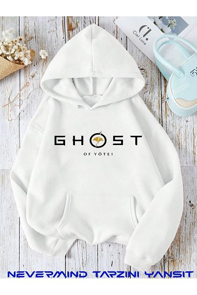 NEVERMIND Ghost Unisex Oversize Hooded Sweatshirt - Front and Back Printed, 3 Thread