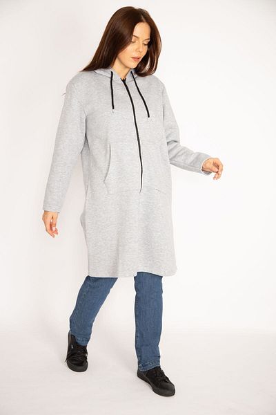 Şans Women's Large Size Gray Fleece Fabric Front Zipper Kangaroo Pocket Hooded Coat 65n34653