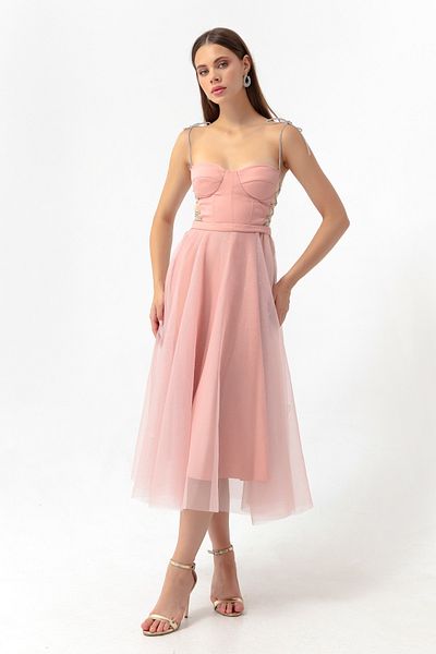 Lafaba Women's Powder Stone Strap Flared Cut Midi Evening Dress