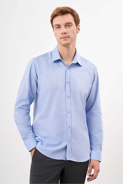 Morven Cămașă pentru bărbați, albastră, din bumbac, cu model uni, cu guler rigid