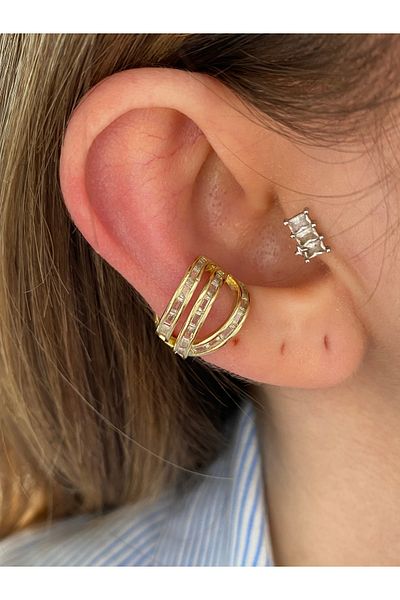 Pinery Jewels 3 Row Brass Plated Women's Cartilage Earrings with Baguette Stones