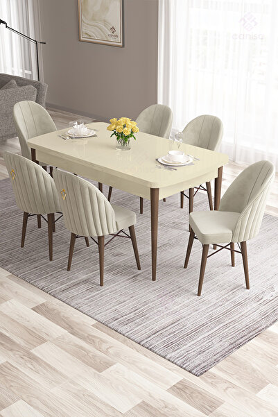 Canisa Roz Serisi 80x132 Mdf Açılabilir Krem Masa Ceviz Ayak Mutfak Masası Ve...