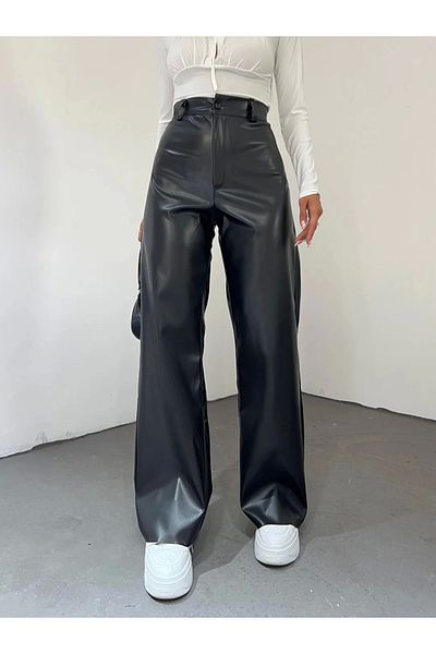 TakıDolabı High Waist Faux Leather Palazzo Pants Black - Df1102