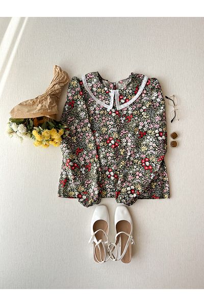 KÜÇÜĞÜM BUTİK Vintage Μαύρο-Ροζ Floral Δαντελένιο Βρεφικό γιακά Μπλούζα Ποπλίνα
