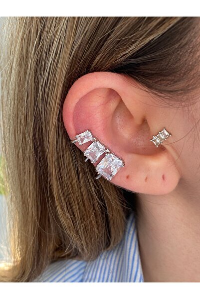 Pinery Jewels Baget Taşlı Altın Kaplama Kadın Kıkırdak Küpe