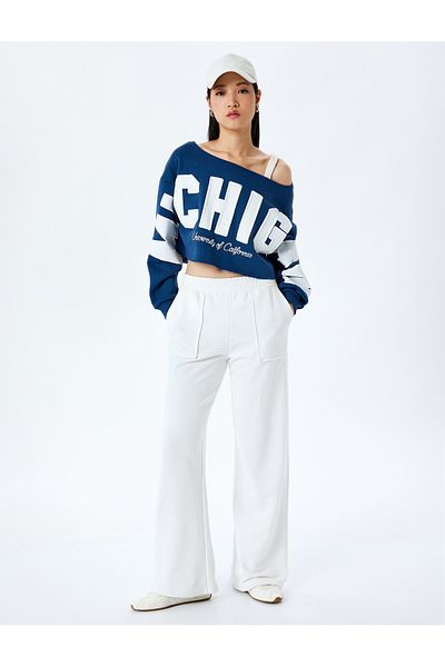 Koton Raised Slogan Printed Boat Neck Long Sleeve Crop Sweatshirt
