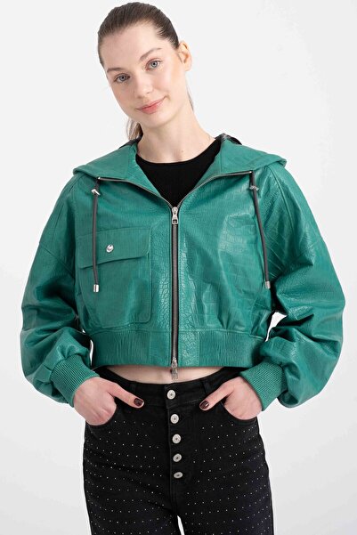 Lebeni Hakiki Deri Kısa Mont Kadın - Kroko Timsah Desenli Gerçek Deri Mevsiml...