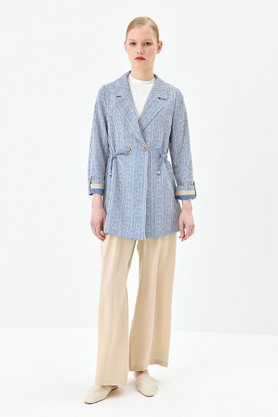 Nihan Indigo Linen Jacket - Drawstring Waist and Striped