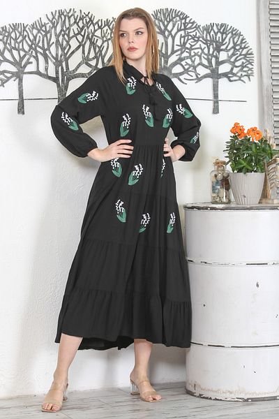 Chiccy Black Prevailing Collar Balloon Sleeve Skirt Frilly Tassel Embroidered Casual Woven Dress