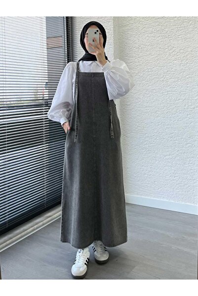 MELEK ARAZ Γκρι Μακρύ Τζιν Φόρεμα Σαλοπέτα Τζιλέ