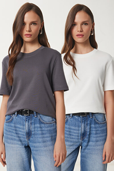 Lovelyİstanbul 2'li Paket Pamuklu Basic Örme T-shirt FÜME BEYAZ LAG0002