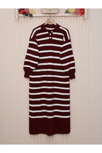 Modamorfo Πλεκτό Φόρεμα με κουμπιά Polo Neck - Claret Red