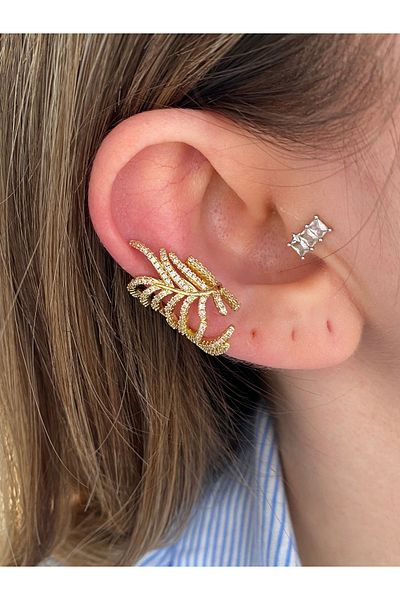 Pinery Jewels Zircon Stone Leaf Women's Brass over Plated Cartilage Earrings
