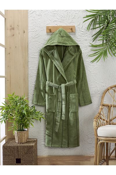 Semecca Πράσινο μπουρνούζι Unisex από βαμβακερό βελούδο με κουκούλα