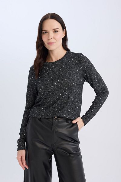 DeFacto Grey Regular Fit Crew Neck Polka Dot Long Sleeve T-Shirt D7488Ax24Au