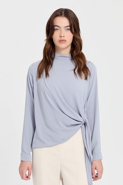 Nihan Gray Wrap Tie Blouse