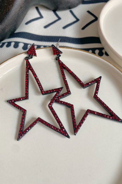 Glaren Büyük Yıldız Kırmızı Taşlı Kadın Abiye Küpe