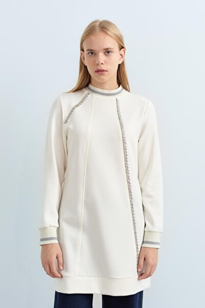 Stone Detailed Ribbed Sleeves and Collar Knit Tunic Ecru