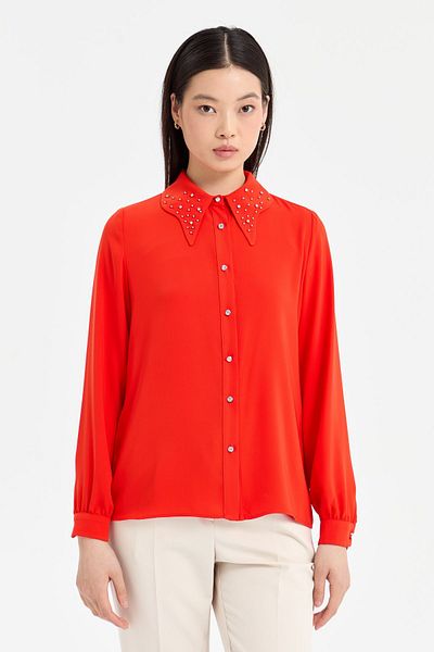 Nihan Coral Colored Pearl Collared Shirt