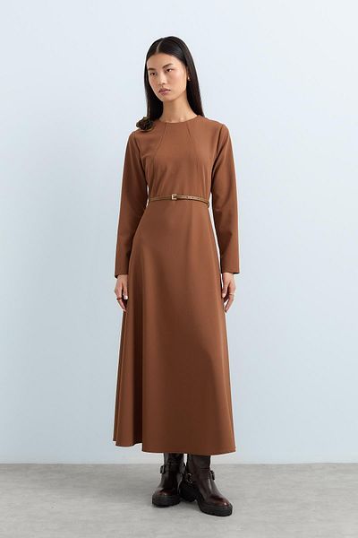 Nihan Light Brown Belted Dress with Brooch Detail
