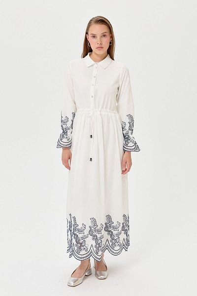Nihan Ecru Shirt Collar Embroidery Detailed Dress
