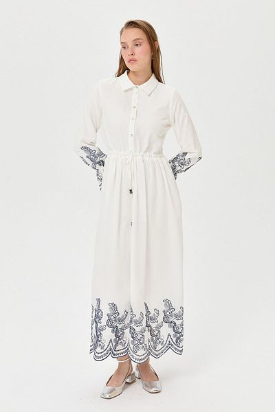 Nihan Ecru Shirt Collar Embroidery Detailed Dress