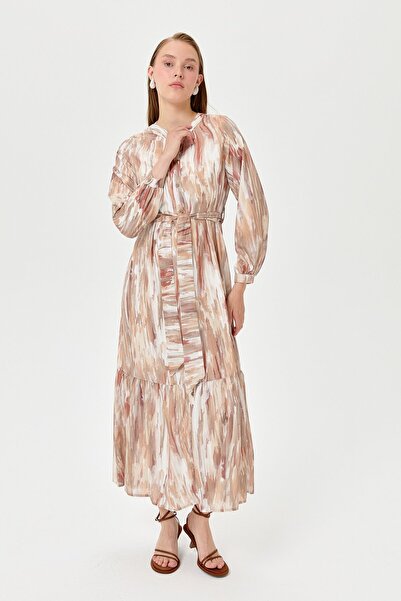 Nihan Eteği Büzgülü Empirme Elbise Bej