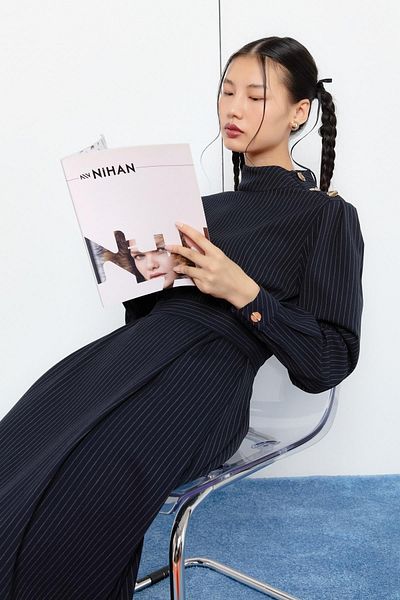 Nihan Buttons Off the Shoulder Belted Striped Dress Navy Blue