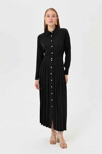 Nihan Black Pleated Blouse Dress - with Skirt