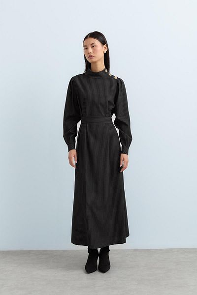 Nihan Smoked Striped Shoulder Buttoned Belted Dress