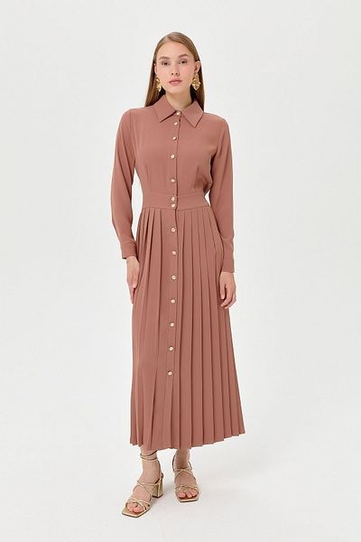 Nihan Light Brown Pleated Skirt Blouse Dress