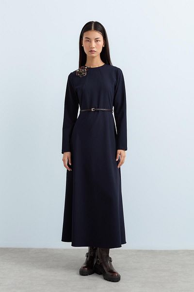 Nihan Navy Blue Belted Dress - Brooch Detail