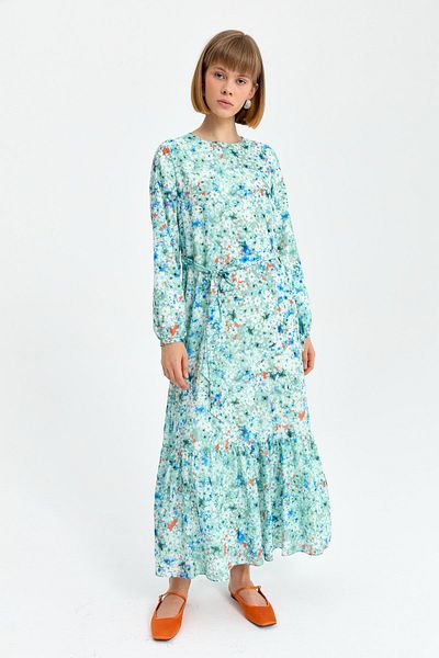 Nihan Mint Colored Tied Sleeves Printed Dress