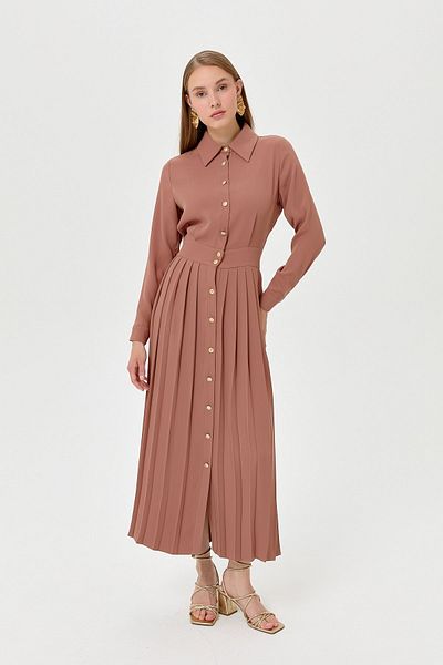 Nihan Light Brown Pleated Skirt Blouse Dress