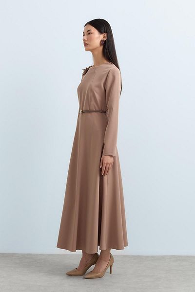 Nihan Mink Brooch Detailed Belted Dress