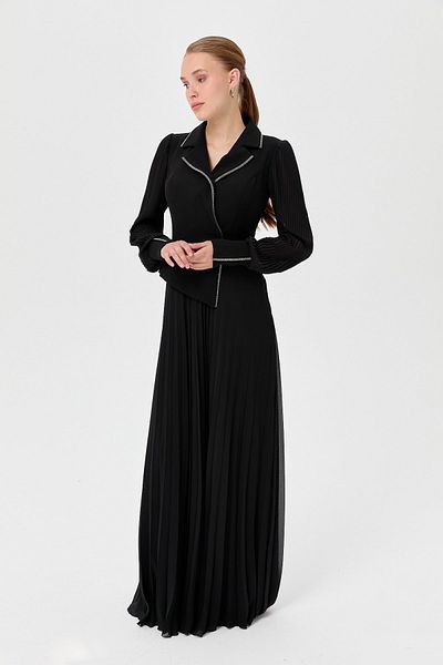 Nihan Pleated Crepe Dress - Black, Glitter Stripe Accessory, Skirt and Sleeve Pleated