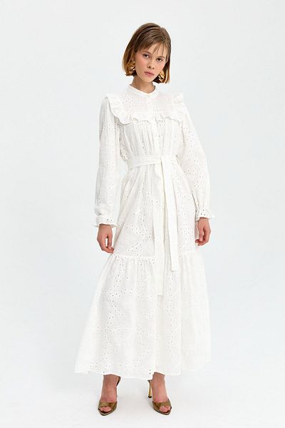 Nihan Ecru Embroidery Dress - Sliced under Skirt