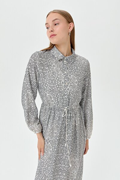 Nihan Black Shirt Collar Printed Dress - Gathered Waist