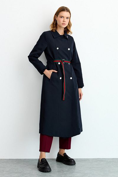 Nihan Navy Blue Trench Coat - Belt Detailed