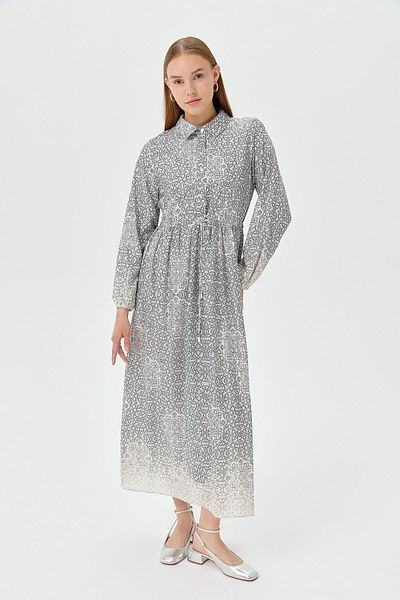 Nihan Black Shirt Collar Printed Dress - Gathered Waist