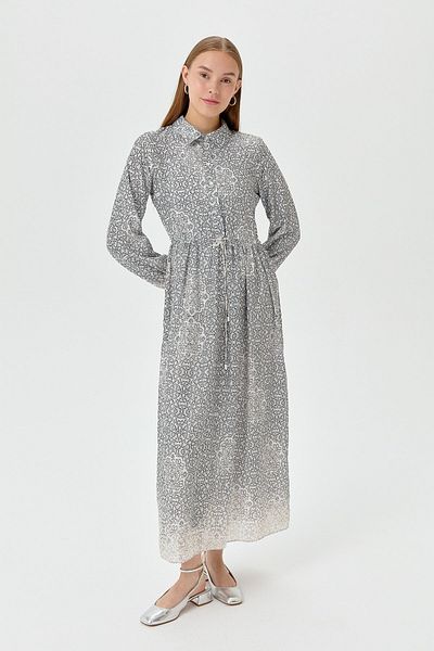 Nihan Black Shirt Collar Printed Dress - Gathered Waist