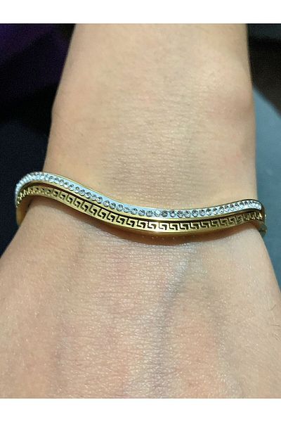 MR Gold Color Zircon Stone Steel Handcuff Bracelet