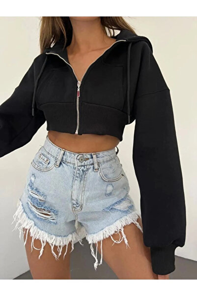 CLB COLLECTION Ζακέτα ιδρώτα με κουκούλα με φερμουάρ και τρεις κλωστές, μαύρη