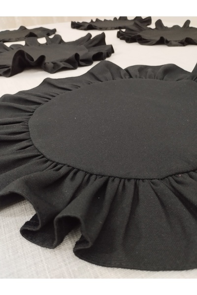 AHSERHOME 6li Siyah Duck Keten Kumaş Yuvarlak Fırfır Detaylı Amerikan Servis / Supla 40x40