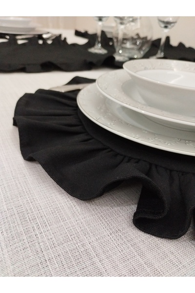 AHSERHOME 6li Siyah Duck Keten Kumaş Yuvarlak Fırfır Detaylı Amerikan Servis / Supla 40x40