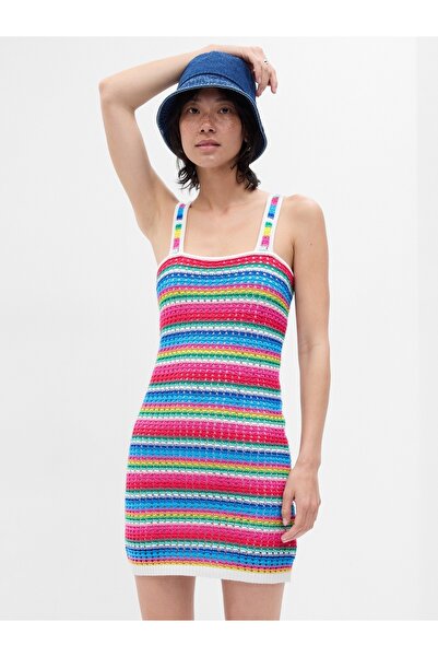 GAP Kadın Çok Renkli Crochet Örgü Çizgili Mini Elbise