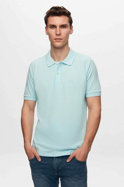D'S Damat Tricou cu gât polo, 100% bumbac, fără ondulare, brodat cu piqué turcoaz deschis