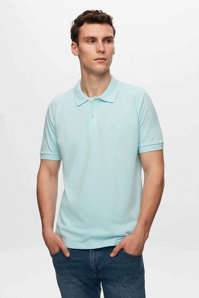 D'S Damat Tricou cu gât polo, 100% bumbac, fără ondulare, brodat cu piqué turcoaz deschis