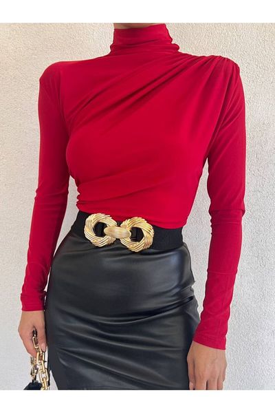 Modamorfo Sandy-Bluse mit halbhohem Kordelzug – Rot